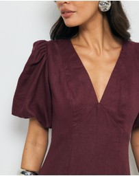 AERE - Lori Puff Sleeve Linen Midi Dress