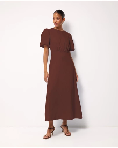 AERE - Elowen Linen Puff Sleeve Midi Dress