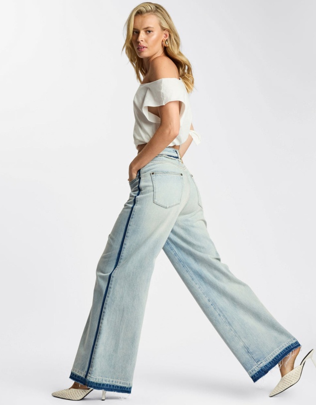 ONE TEASPOON - Love Machines Mid Waist Super Wide Leg Denim Jeans - Split Party Contrast Blue