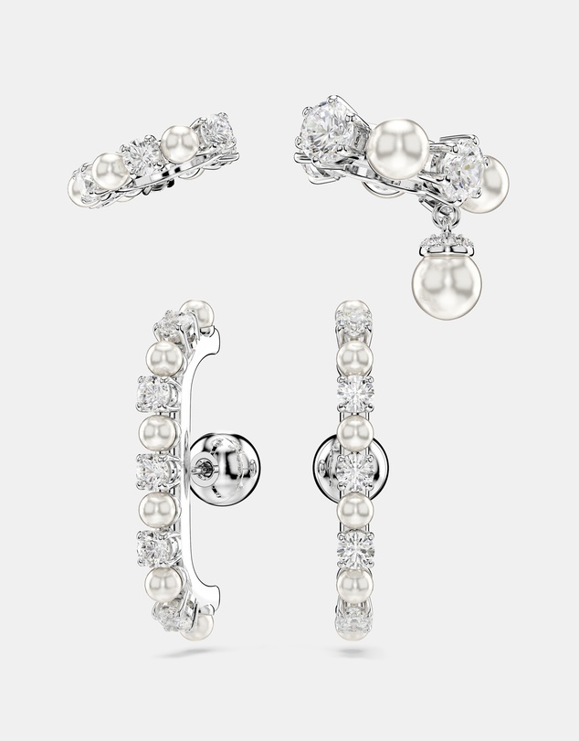 Swarovski - Matrix Ear Cuff, Set (3), Crystal Pearl, Round Cut, White, Rhodium-Plated