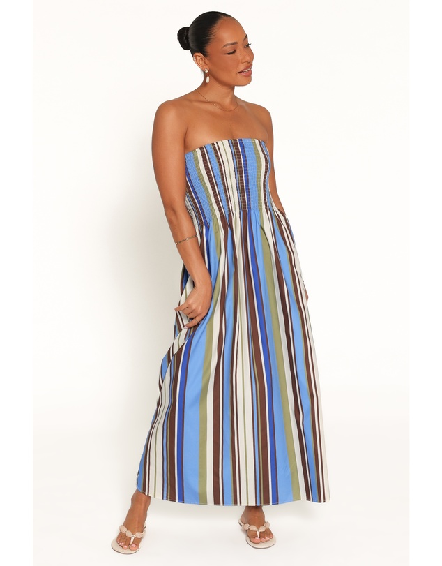Petal & Pup - Nella Strapless Maxi Dress - Blue/Khaki Stripe