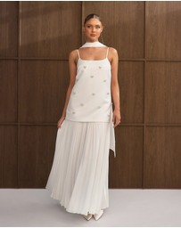 Six Stories - Embellished Pearl Strappy Maxi Dress with Neck Scarf