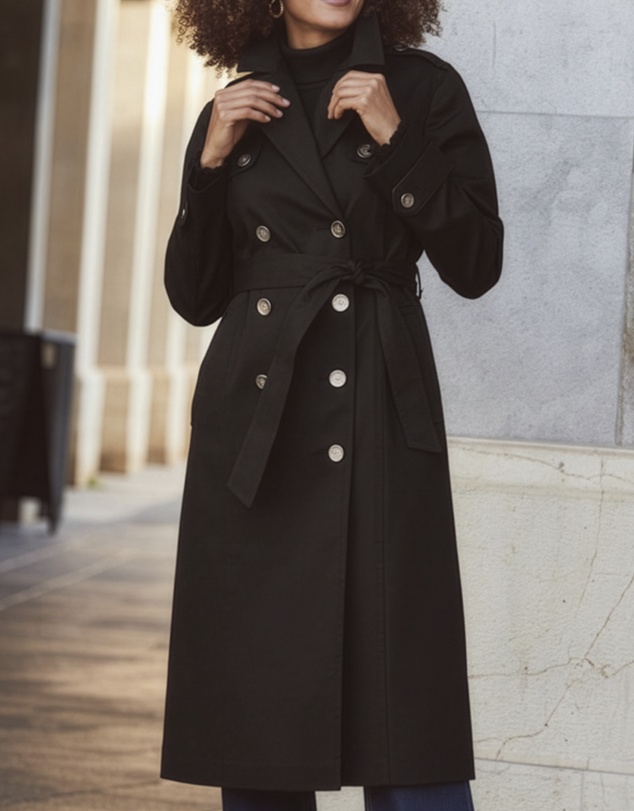 Sosandar - Black Longline Trench Coat With Faux Leather Trim