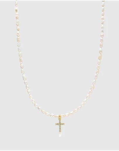 Nialaya Jewellery - Mini Pearl Choker with Cross