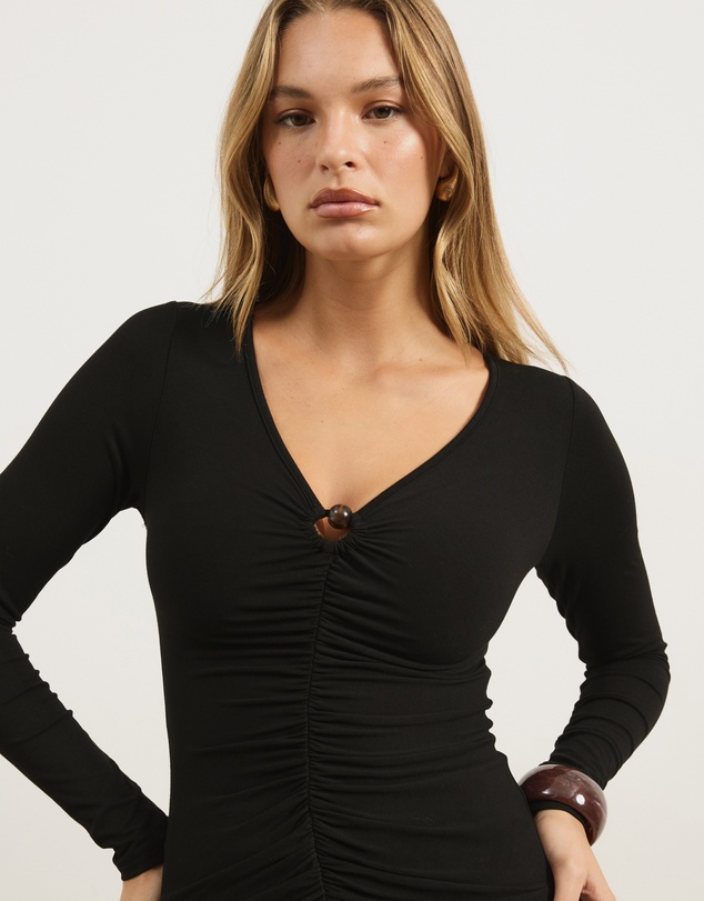 Atmos&Here - Sienna V-Neck Beaded Ruched Long Sleeve Top