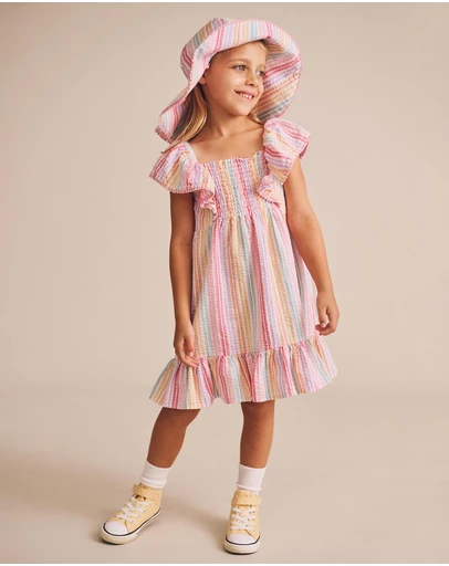 Huxbaby - Rainbow Stripe Shirred Frill Dress - Babies-Teens