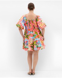 City Chic - Plus Size Fantasy Holiday Print Puff Sleeve Mini Dress - pink