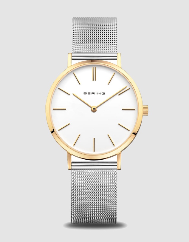 Bering - Bering Classic 34mm Polished Gold Case and Silver Strap Watch