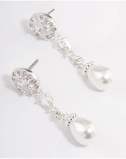 Lovisa - Silver Plated Cubic Zirconia Halo Pearl Drop Earrings