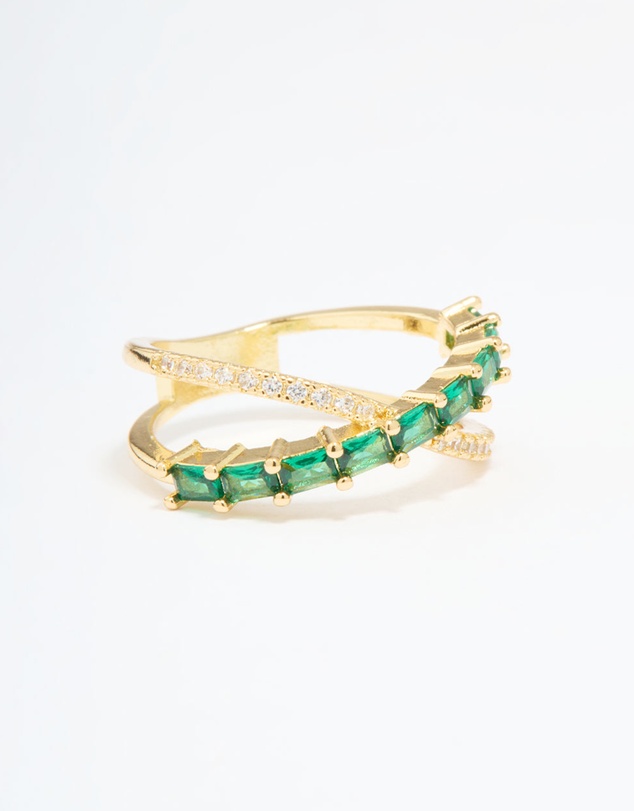 Lovisa - Gold Plated Green Cubic Zirconia Criss Cross Ring