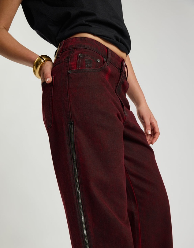 ONE TEASPOON - Jackson Mid Waist Wide Leg Denim Jeans - Oil Stained Maroon