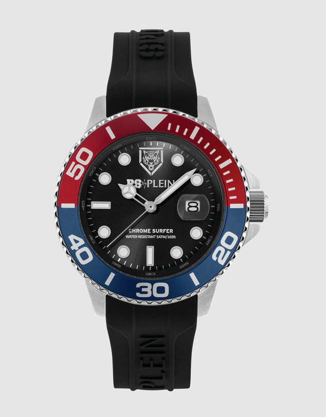 Plein Sport - Plein Sport Chrome Surfer 43mm Black Dial Black Silicone Strap Watch