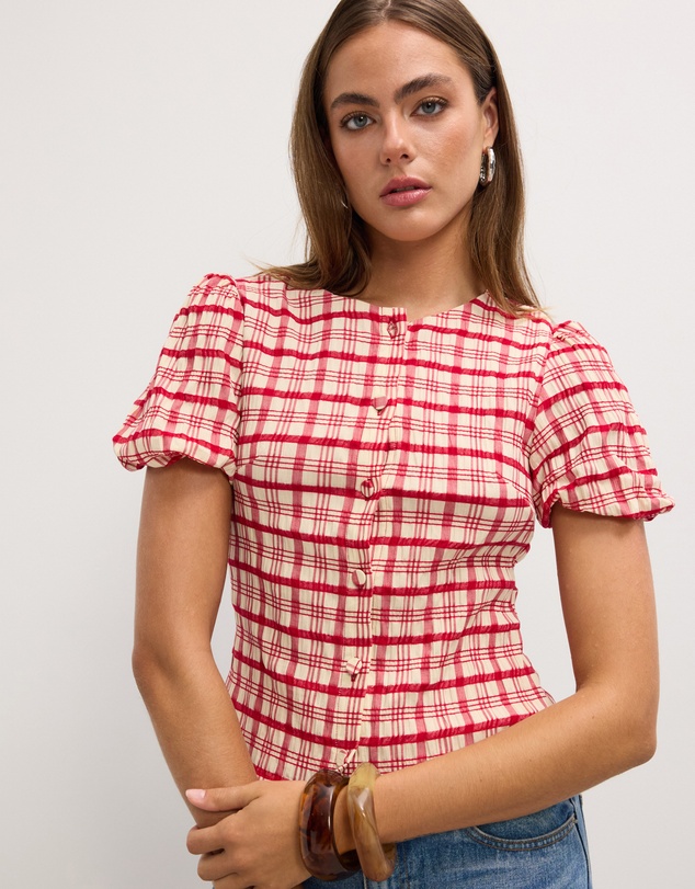 The Fated - Adela Check Puff Sleeve Top