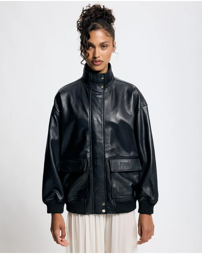 Lover - Byron Oversized 100% Leather Funnel Neck Bomber Jacket