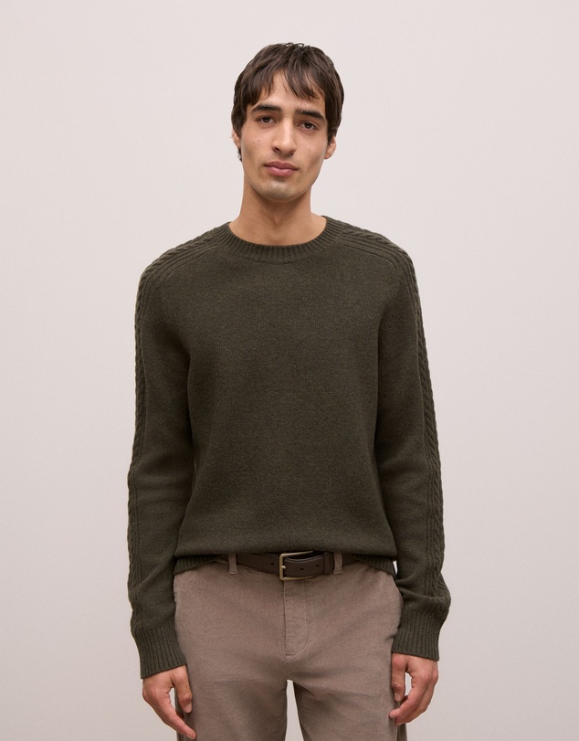 Trenery - Merino Cable Detail Crew in Winter Moss
