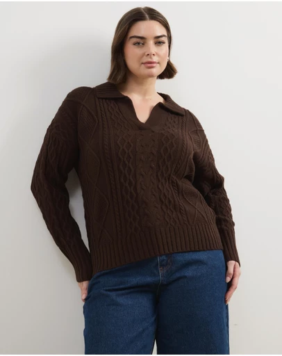 Atmos&Here Curvy - Faye Cable Knit Pullover With Collar