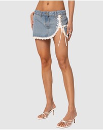 EDIKTED - Eyelet Lace Up Denim Mini Skirt