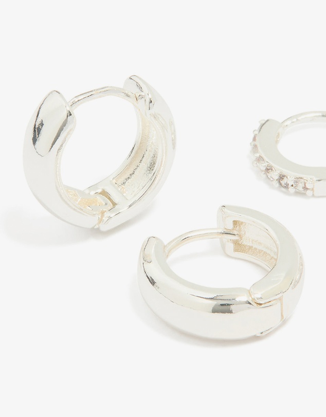 Lovisa - Silver Plated Brass Mini Cubic Zirconia & Plain Huggie Earrings 2-Pack