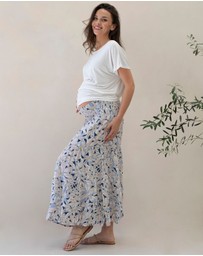 Angel Maternity - Maternity Shirred Maxi Skirt in Navy Floral Print