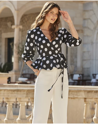 Sosandar - Spot Print Peplum Hem Wrap Top