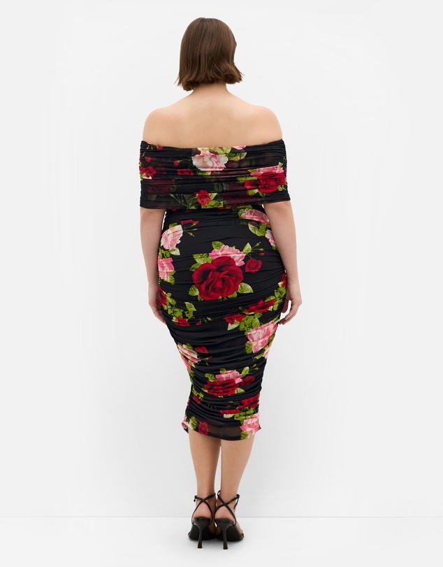 City Chic - Plus Size Dana Mesh Rose Print Dress - black