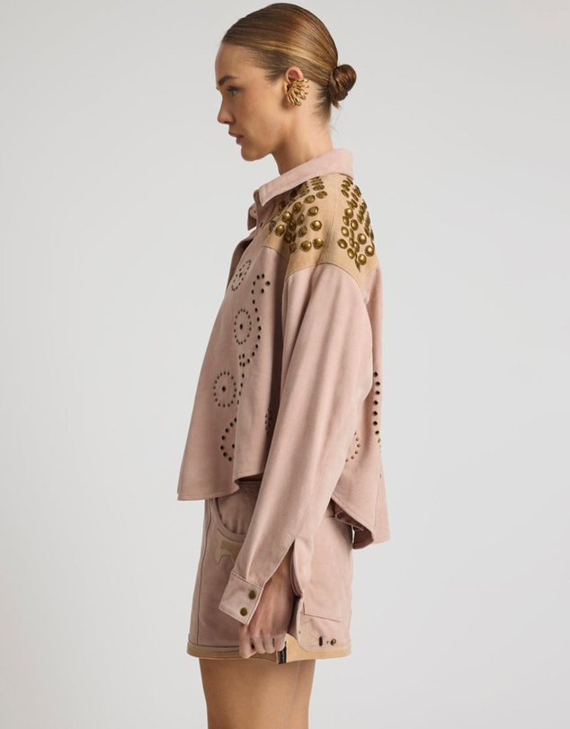 ONE TEASPOON - Rodeo Renegade Studded Embroidered Crop Suede Jack - Dusty Pink