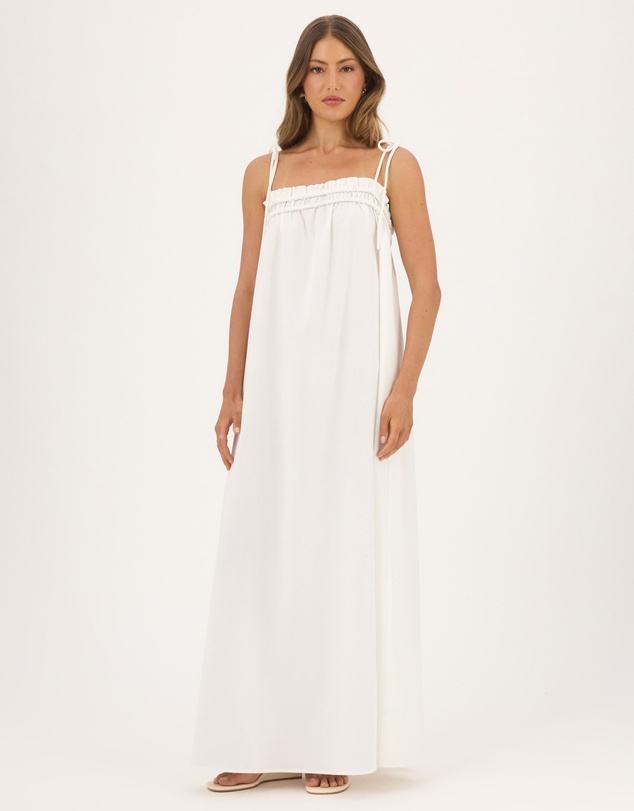 Atmos&Here - Eire Maxi Dress With Tie Straps And Shirring Detail In Linen Blend