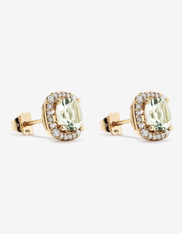 Michael Hill - Cushion Cut Green Amethyst Gemstone and 0.32 Carat TW Diamond Halo Stud Earrings in 10kt Yellow Gold