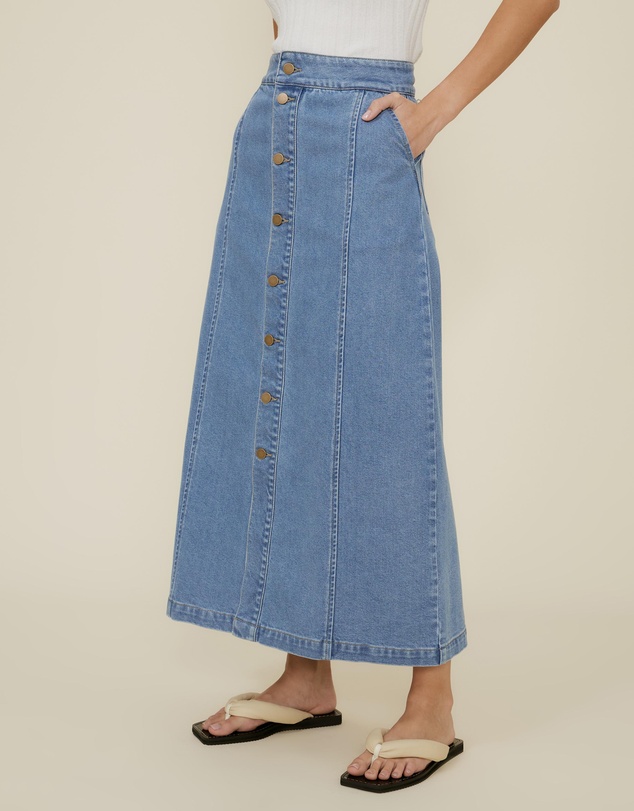 The Fated - Denim Midi Skirt With Buttons