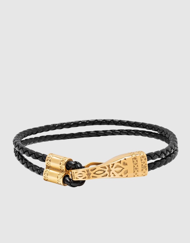 Nialaya Jewellery - Black Leather Bracelet with Gold Clasp