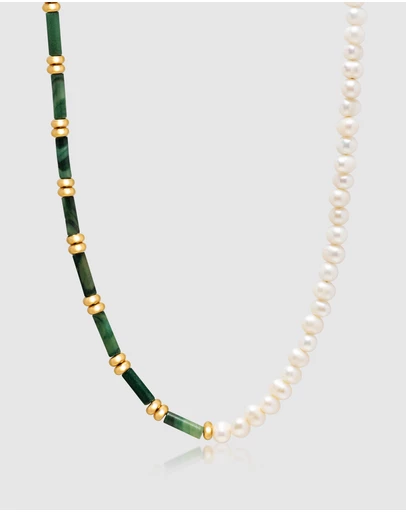 Nialaya Jewellery - Beaded Necklace with Freshwater Pearls and Green Jade