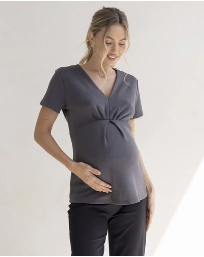 Angel Maternity - Sabine Soft Ponte Maternity V-Neck Work Top in Dark Grey