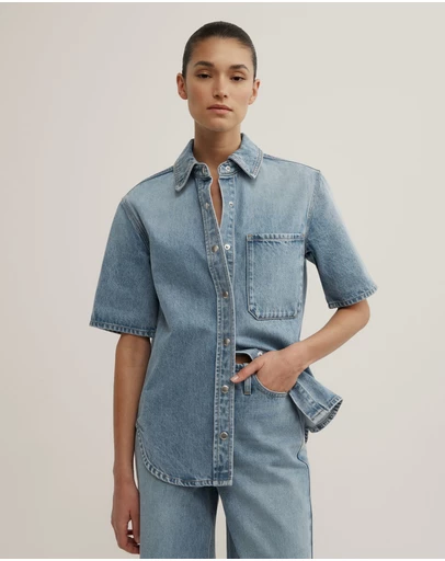 Witchery - Short Sleeve Denim Snap Shirt