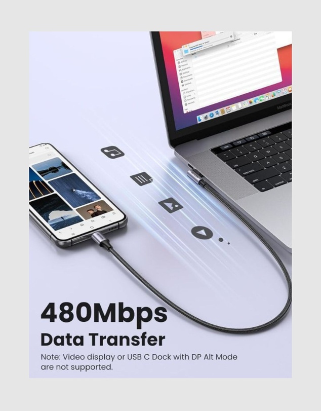 Ugreen - UGREEN 90 Degree Angle USB-C Male to USB-C Male 60W Braided Cable 3m