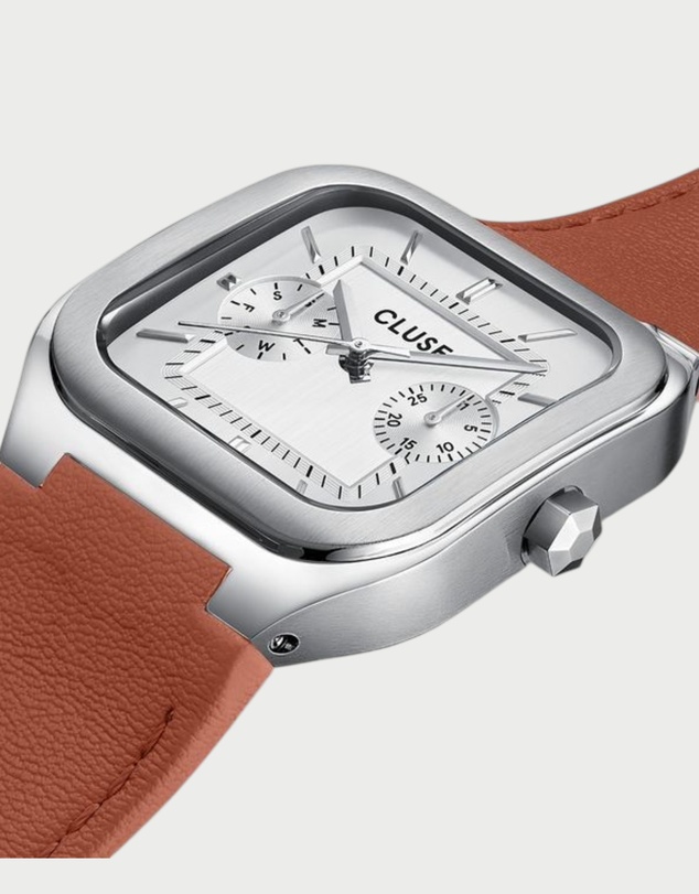 Cluse - CLUSE Quadrus Multi, Leather, Light Brown, Silver Colour