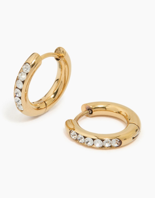 Lovisa - Waterproof Gold Plated Stainless Steel Round Diamante Clicker Hoop Earrings
