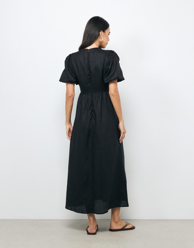 AERE - Ivy Puff Sleeve Linen Midi Dress