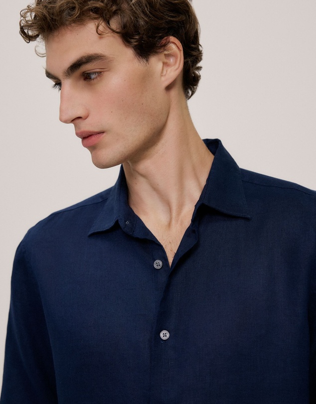 Trenery - Tailored Fit Linen Long Sleeve Shirt in Navy