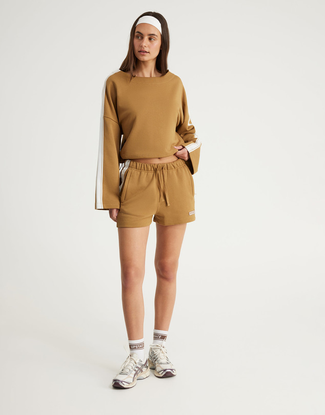 Upstate - Terry Boxy Crop Long Sleeve Top - Toffee