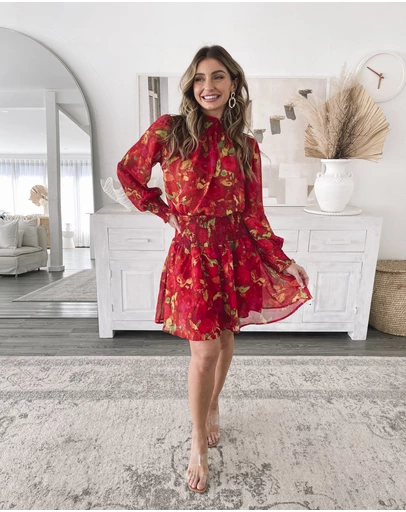 Esther & Co - Neary Dress - Red Watercolour
