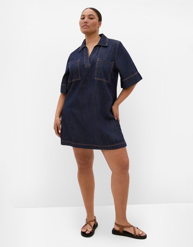 City Chic - Plus size Tiana Short Sleeve Denim Mini Dress - dark wash