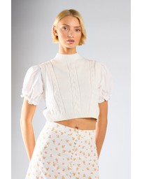 Glamorous - Contrast Puff Sleeves Cropped Knitted Top