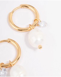 Lovisa - Waterproof Gold Plated Stainless Steel Classic Freshwater Pearl & Cubic Zirconia Huggie Earrings