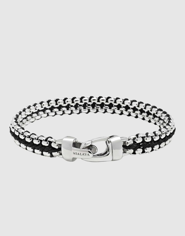 Nialaya Jewellery - Black Woven 8mm Box Chain Bracelet in Silver