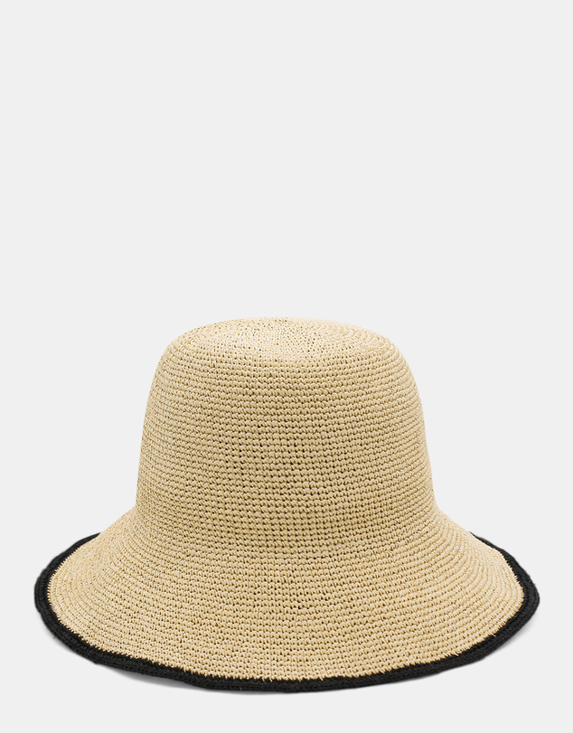 Morgan & Taylor - Raya Crochet Straw Bucket Hat in Natural Beige and Black Stripe