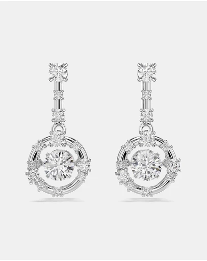 Swarovski - Constella Drop Earrings, Round Cut, Dancing Stone, White, Rhodium Plated