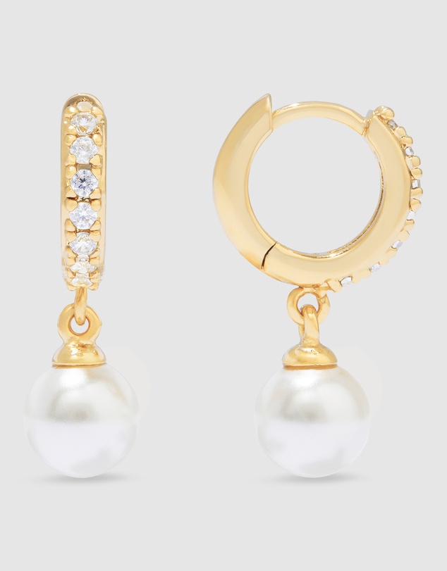 Wanderlust + Co - Pave Pearl Gold Drop 7mm Baby Huggie Earrings