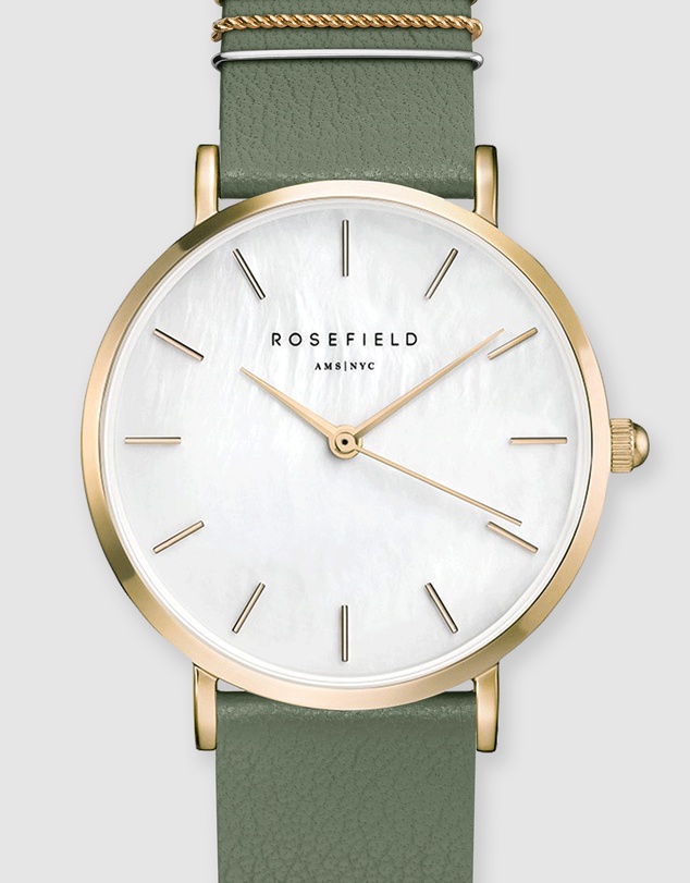 Rosefield - The West Village - White Dial With Green Band