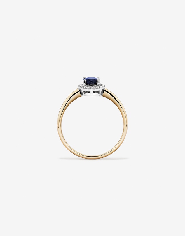 Michael Hill - Oval Cut Blue Sapphire Gemstone and 0.10 Carat TW Diamond Halo Engagement Ring in 10kt Yellow and White Gold