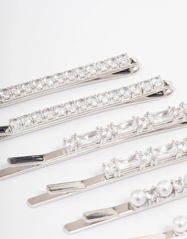 Lovisa - Silver Plated Cubic Zirconia Mixed Stone & Pearl Hair Clips 6-Pack
